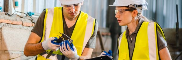 professional engineer and construction foreman team person with safety hard hat helmet discussion to working in business industry of architect job teamwork, a work at building construction site